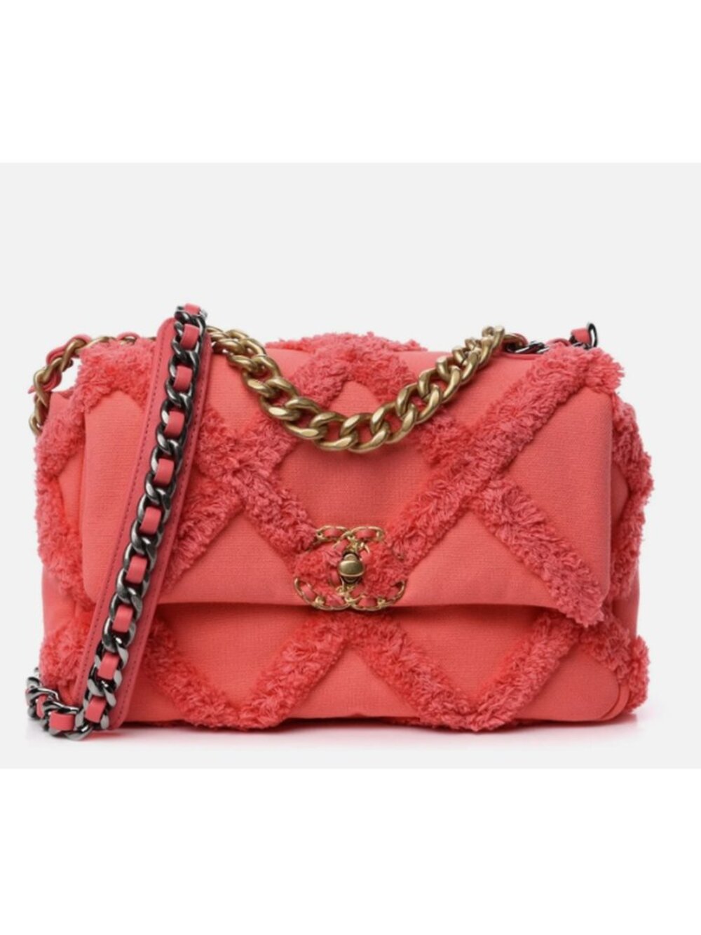 Authentic Chanel Cotton Canvas Quilted Medium Chanel 19 Flap in Coral